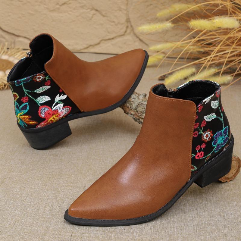 Women's Fashion Boots New Spring and Autumn Fashion Casual with Round Head Solid Color Zipper Printed Pu Leather Flat Boots.