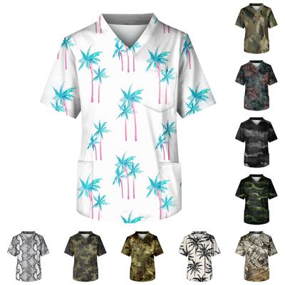 Erkek Baskılı Kısa Kollu V Yaka Çalışma Bluzu Göğüs Cepli Bakıcı Üst