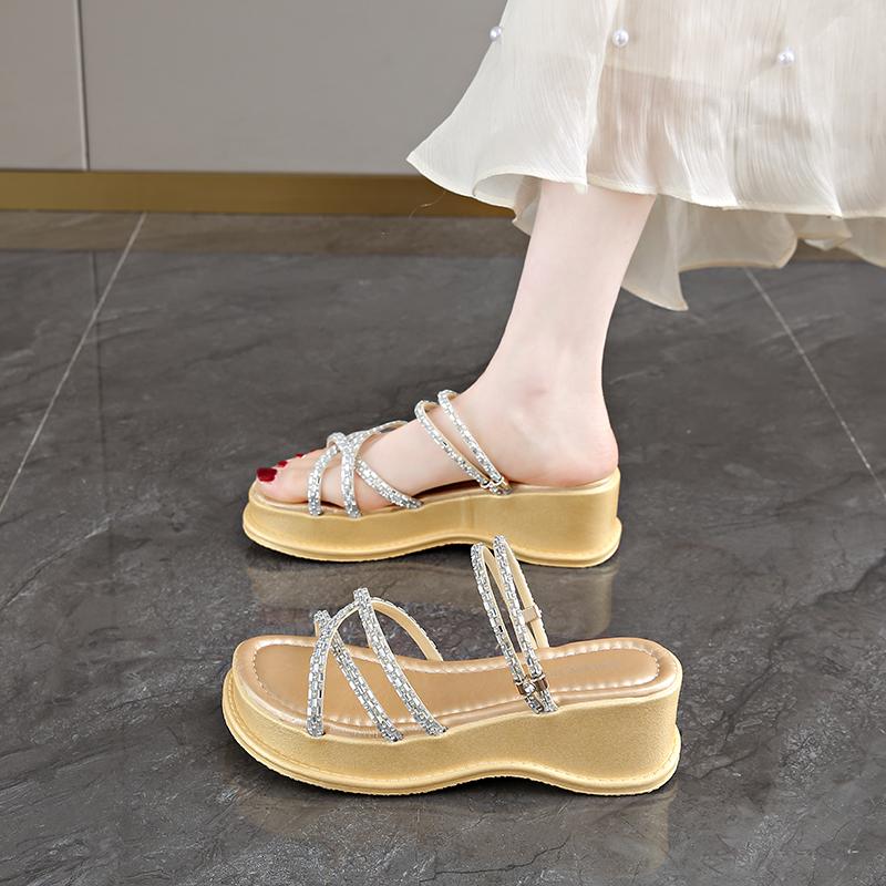 Fashion CRLAYDK Slide Sandals for Women Strappy Ladies Fashion Platform Open Toe Walking Wedge Rhinestone Beach Vacation Slippers