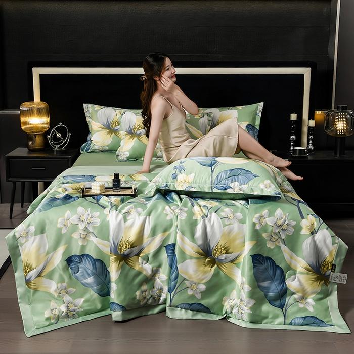 Washed tencel printed summer quilt four-piece cool silk single-piece summer cool quilt air conditioner for summer use
