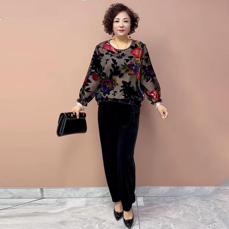 Spring and Autumn Women's Plus-Size Blouse Loose Fit Printed Silk Blouse Round Neck Floral Velvet Blouse