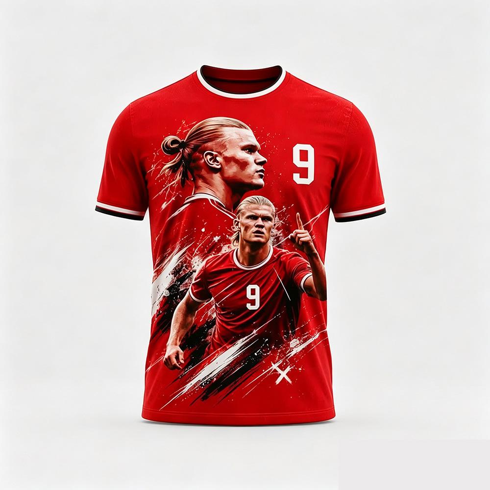 Haaland 9 Magliette Grafiche Rosse Calcio 2026 Nuova Estiva Maglia a Rete per Fan Fan di Calcio Uomo Donna Casual Manica Corta Sportiva Maglietta Y2K