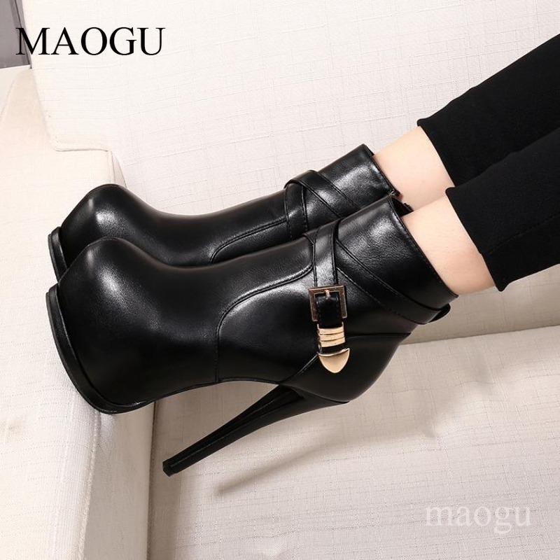 Women's Black Stiletto Ankle Boots Round Toe Buckle Strap High Heel Platform Boots Side Zipper Female Short Botas Botte Femme