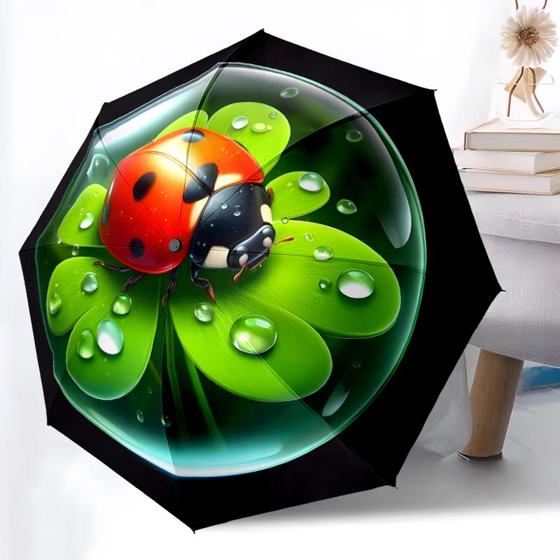 1pc Sturdy 8-Bone Auto Umbrella, Ladybugs and Leaves Umbrella, Digital Printed, Foldable Umbrella for On-the-Go Outdoor Use