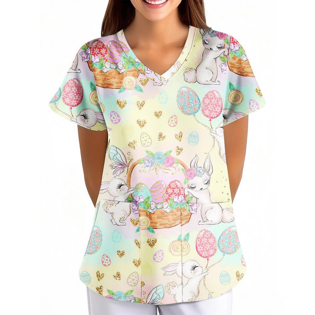 Women's Easter Print Loose V-Neck Pocket Short-Sleeve Caregiver/ Uniform
