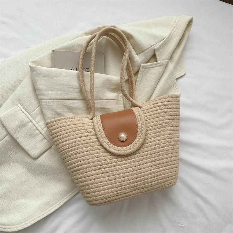 

Versatile cotton rope straw woven bag bag large capacity high-grade sense nail woven bag women s vacation beach tote bag Magnetic buckle