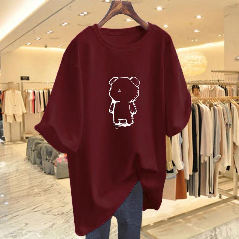 White medium and long bear print T-shirt women's summer 2025 new butt cover large size loose long t-shirt