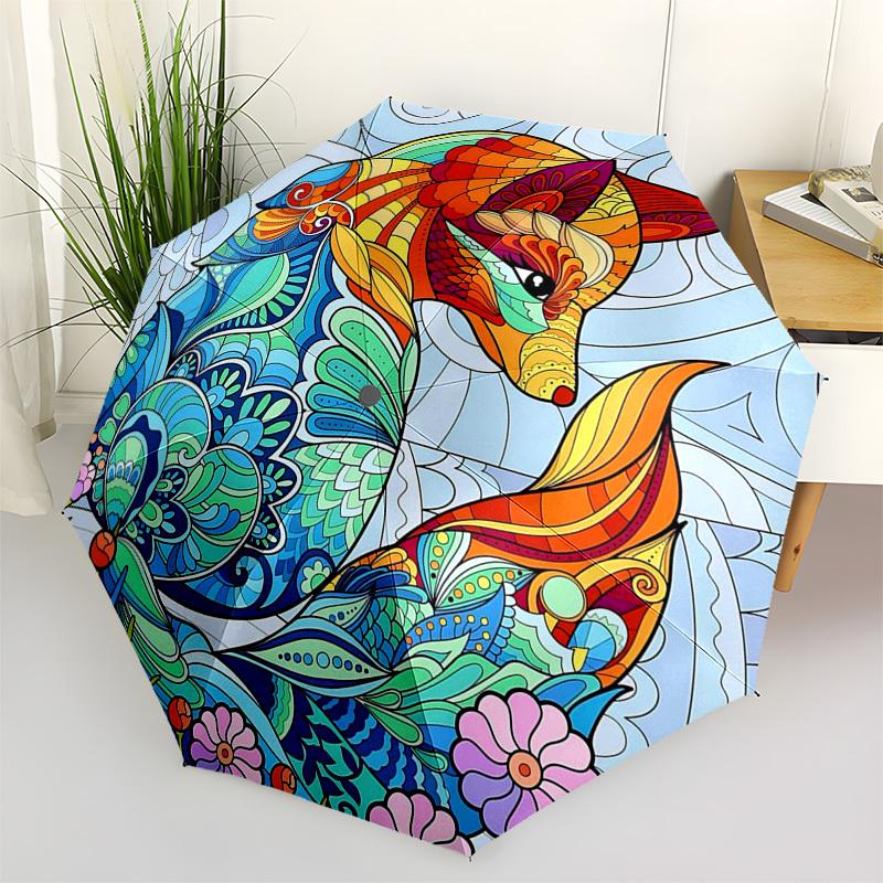 1pc Stained Glass Fox: Auto-Folding Umbrella with 3-Fold Design, 8-Bone Iron Frame - Outdoor for Fans, Travelers, Daily Use, Festive Gift.J048
