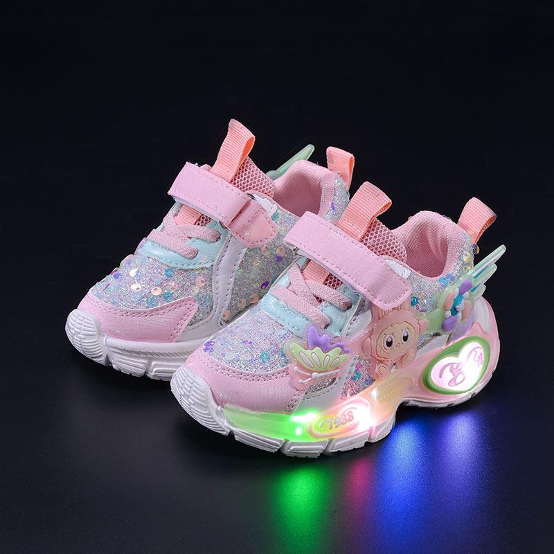 Glowing 2025 Spring/Autumn Light-Up Velcro Sports Shoes for Girls - Cartoon Design and Running Comfort