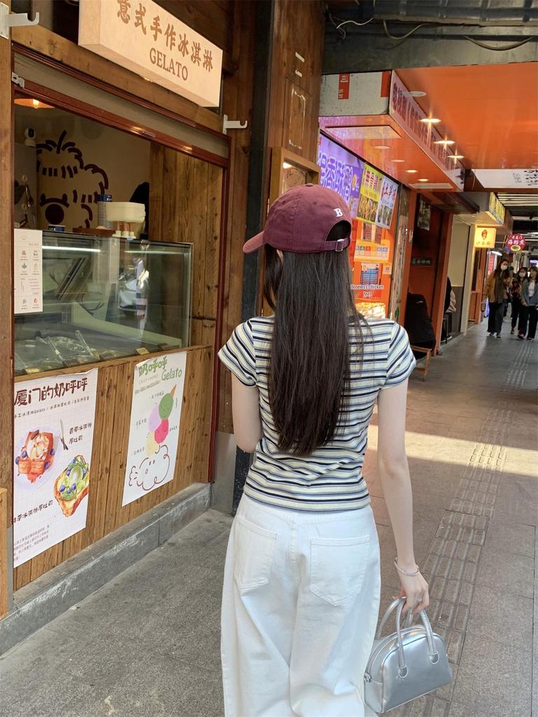 Women's Summer 2025 Popular Striped Short Sleeve T-shirt | Unique & Stylish Straight Shoulder Design