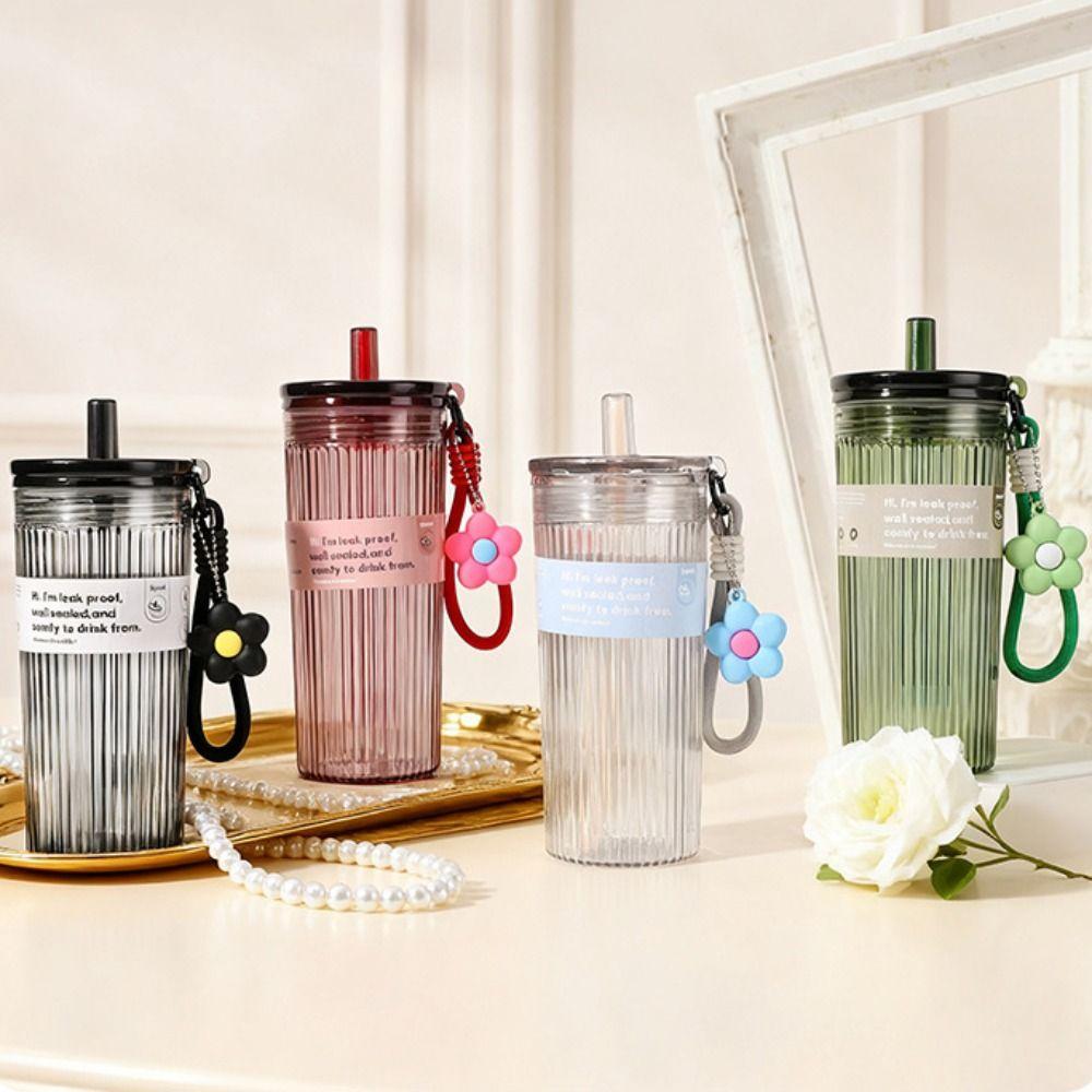 650ML Large Capacity Summer Plastic Straw Cup Leak Proof Transparent Student Water Cup Flower pendant with Lid & Hanging rope