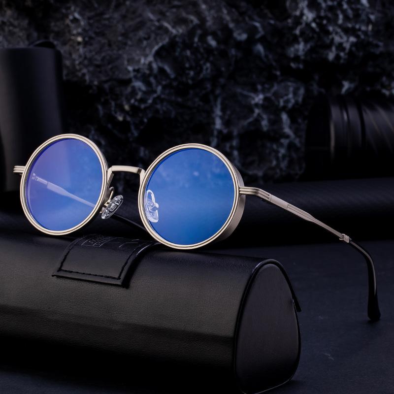 Non-polarized Round Frame Sunglasses for Men with Spring Legs, Retro and High-end Sunglasses, Metal Oval Frame Glasses