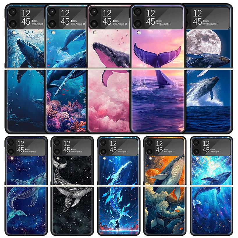 Humpback Whale Sea Giant Black Cover for Samsung Galaxy Z Flip 7 6 5 4 3 5G Phone Case Flip7 Flip6 Flip5 Flip4 Flip3 Pattern Cas