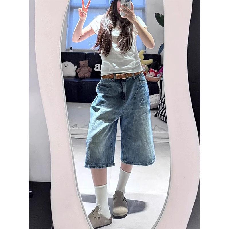 Plus Size Retro Blue Denim Capris for Women - High Waist, Loose Fit, Slimming Wide-Leg Mid-Length Pants 3XL