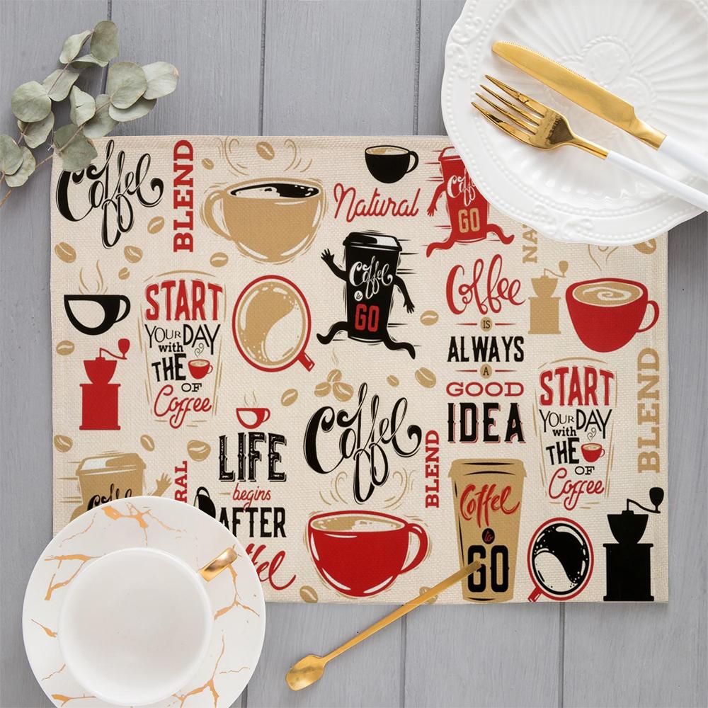 

Drinking Coffee Placemat Linen Fabric Table Mat Tableware Cartoon Dining Table Pads Coaster Bar Kitchen Restaurant Cup pads 2pcs 30x45cm