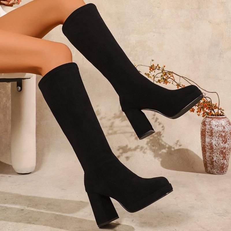 Winter Street Style Stretch Slim Knee-High Women Boots Sexy Thick High Heels Shoes Female Vintage Long Booties  De Muje