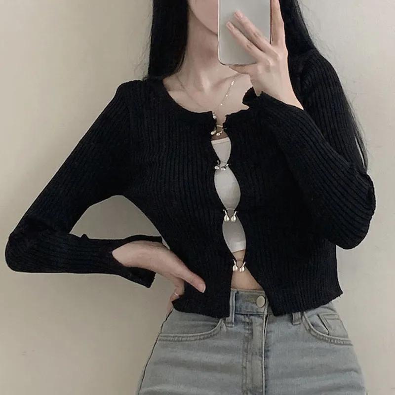 

Повседневный сексуальный вязаный кардиган, модный укороченный свитер, осенняя куртка с длинными рукавами и вырезами, весенние тонкие однотонные простые топы 29337 One Size чёрный