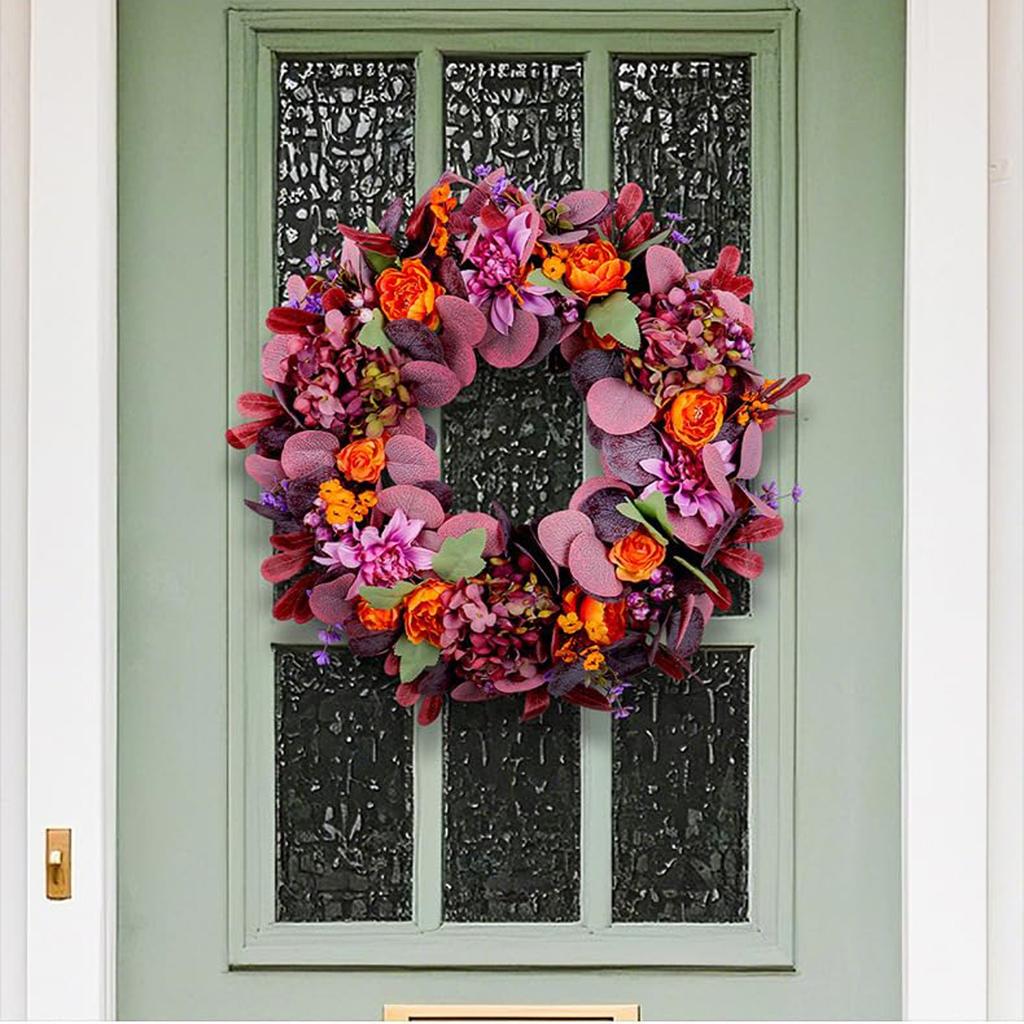 Artificial Fall Wreath With Orange Roses, Purple Hydrangeas, Leaves, 18-inch Front Door Decor