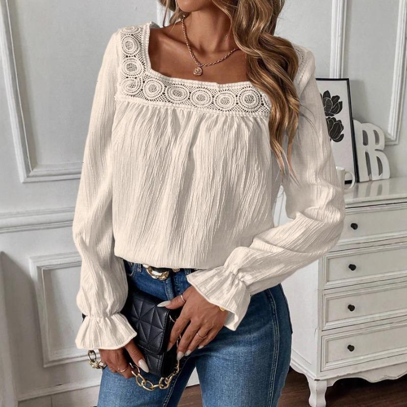 Blusa da Donna con Scollo Quadrato e Bordi in Pizzo, Texture Pieghettata, Maniche Lunghe a Svasatura, Top Casual Monocolore