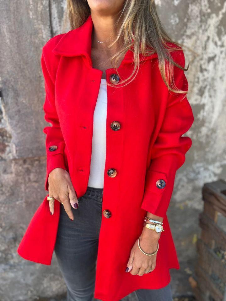 

Women s Beige Long Coat with Button Detail, Lapel Collar, Casual Outerwear for Fall and Winter S червоний