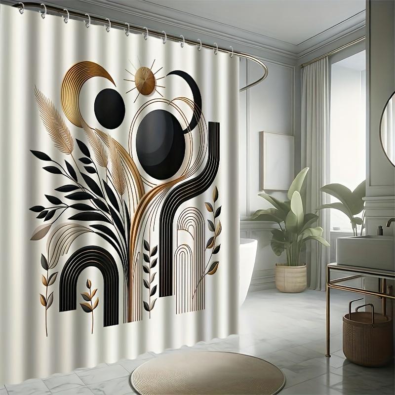 Artistic Botanical Shower Curtain – Golden Accents, Black & Gold Abstract Leaf Design, Polyester with Hooks, Machine Washable