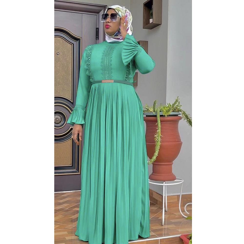 African Women's Muslim Long Sleeve Chiffon Pleated Skirt Dress with Belt