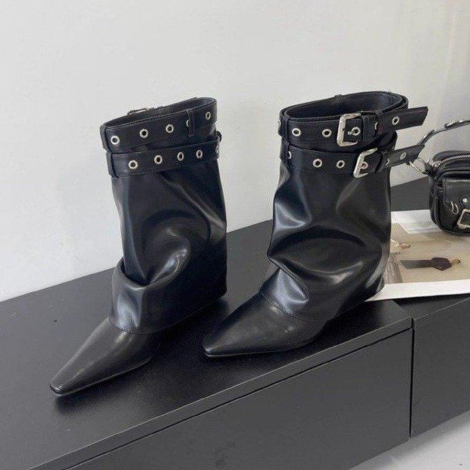 

Sheepskin version~ fashion high sense Korean version temperament fashion pointed short tube warehouse boots slope heel versatile women s fashion boots 40