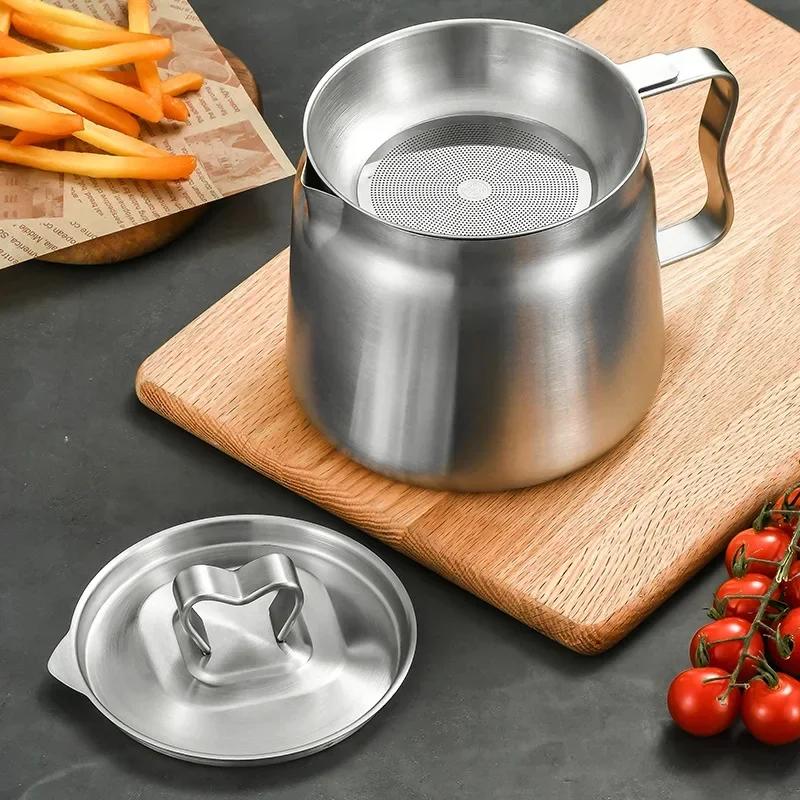 Kitchen 304 Stainless Steel Oil Filter Pot with Tray Large Capacity Lard Tank Residue Strainer Grease Separator Cooking