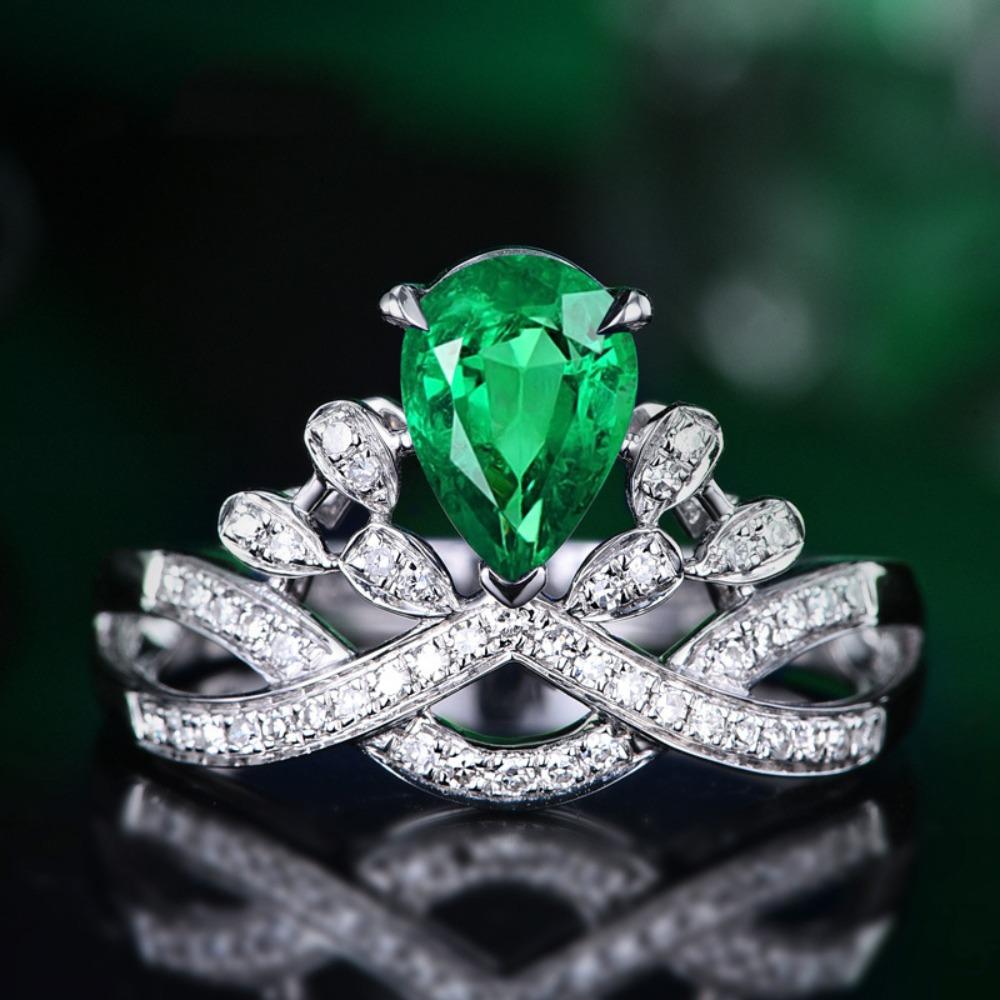 Women Luxury Pear Crown Ring Simulated Diamond Engagement Ring with Colored Gemstones