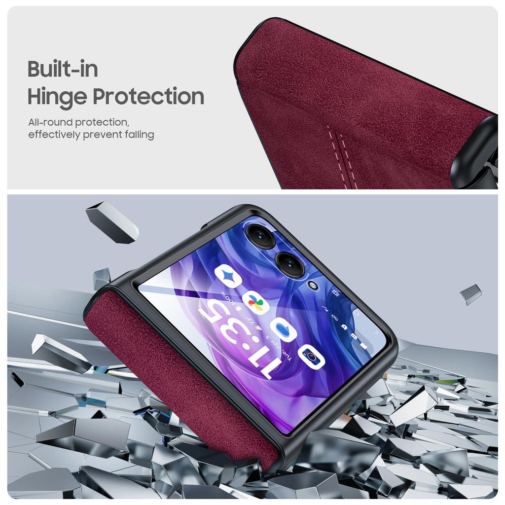for Motorola Razr Ultra 2024 Case/Razr 50 Ultra Case,Built-in Screen Protector & Hinge Protection & Ultra Thin PU Leather Matte PC Phone Case-Rose Red