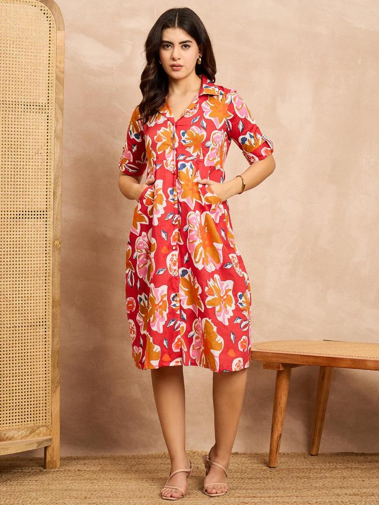 Red Floral Print A-Line Dress