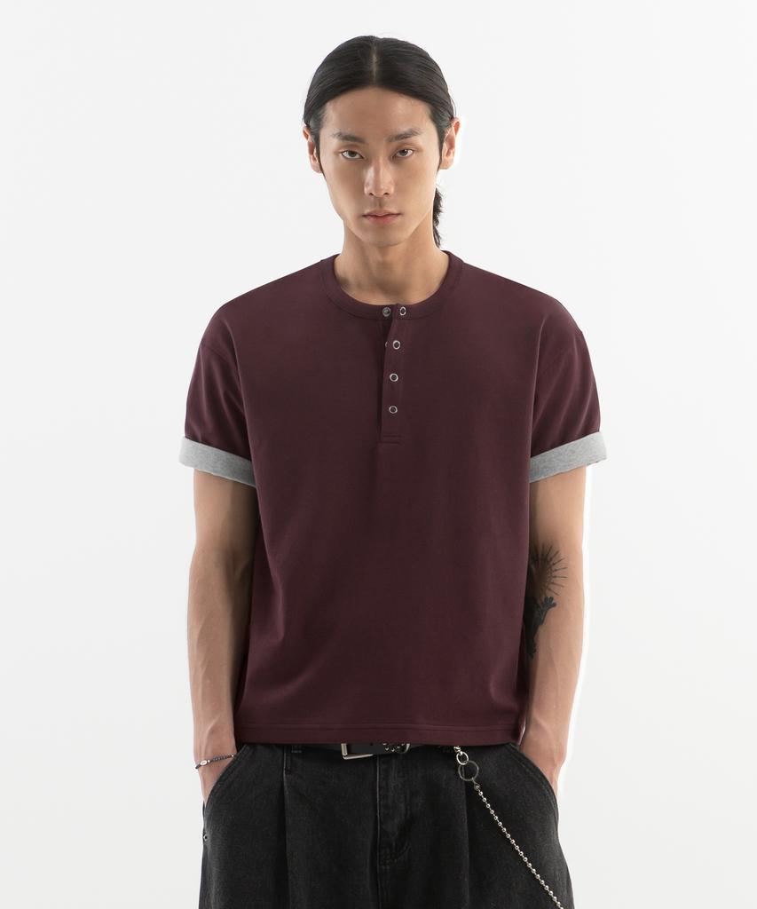 BRENSON Comfort Color Block Roll-Up Crop Henley Neck Short Sleeve Tee ( 3 Colors )