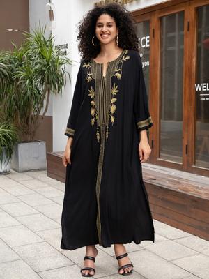 Roupão feminino preto bordado dourado kaftan plus size roupa de casa jaqueta leve roupa de praia roupa de dormir roupa de cobertura q1659
