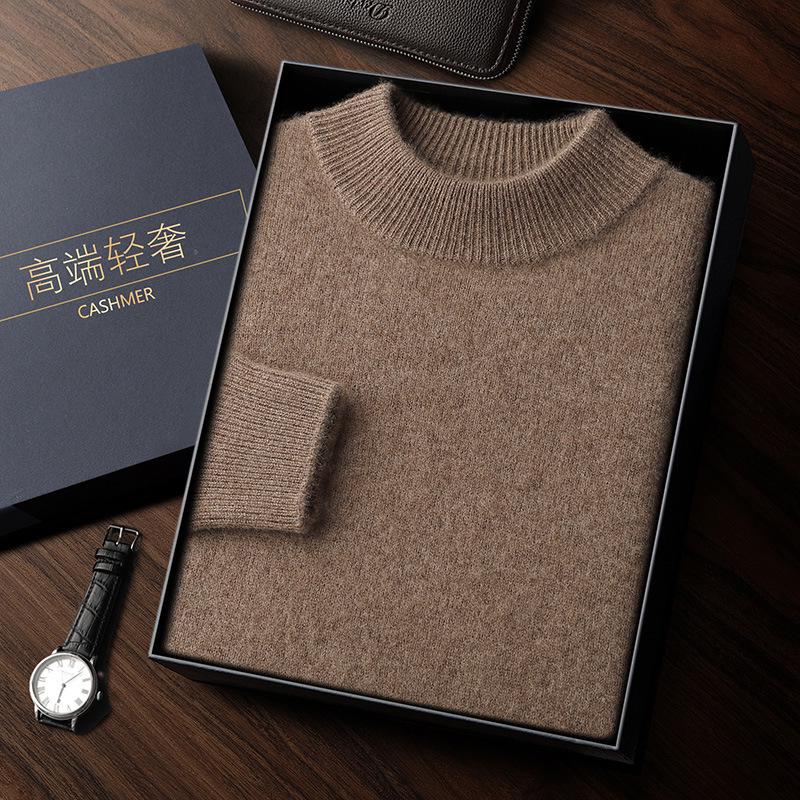 Men's Double-Thick Lamb Cashmere Sweater, Solid Color, Round Neck, Autumn/Winter Base Layer.