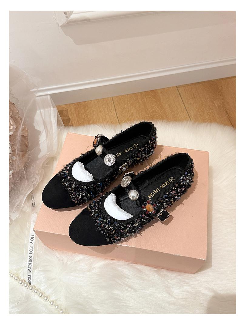 

French Chic Round Toe Tweed Mary Jane Shoes - Genuine Leather, Small Block Heel, Spring/Autumn Collection for Women 35