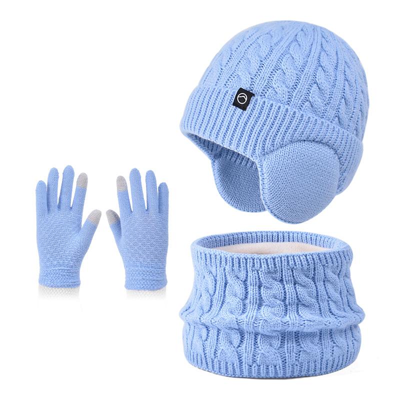 Winter Plush Thick Children's Hat, Scarf Gloves, Three Piece Set, Men's and Women's Outdoor Windproof Ear Protection, Warm Knitted Hat