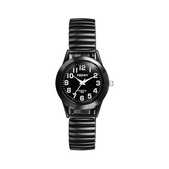 Women s waterproof watch: Elastic strap, easy-to-read dial, simple arm watch, black, Arabic numerals, steel, simulated quartz, popular for girls,