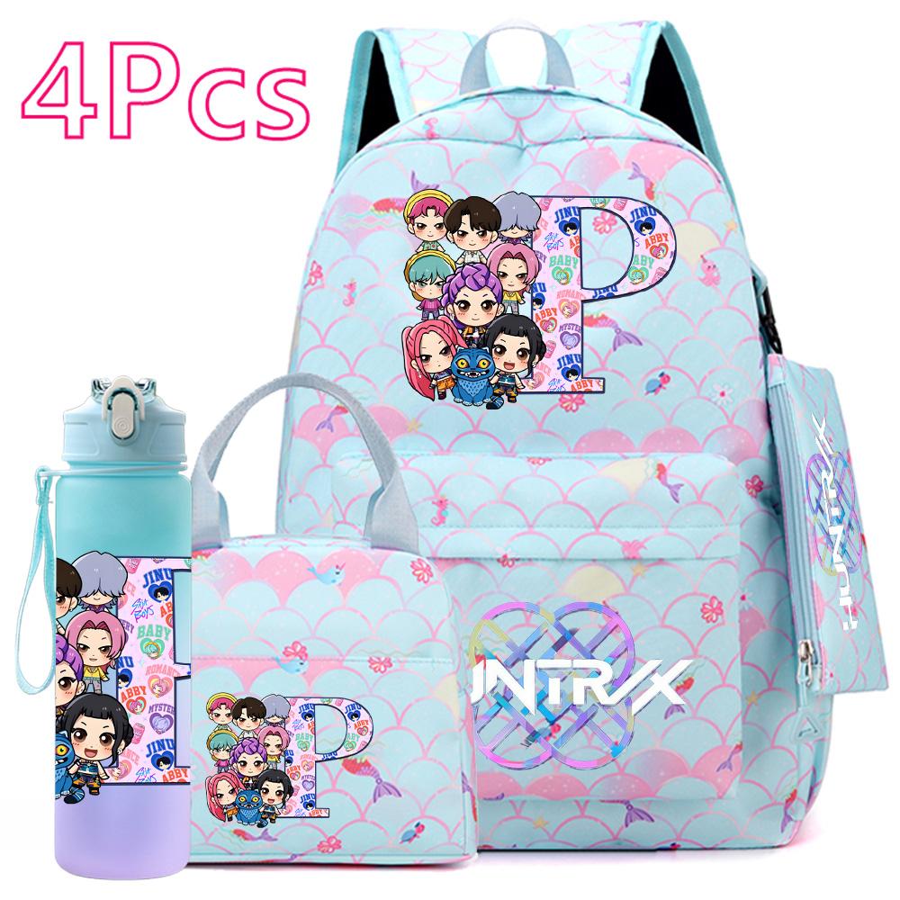 4 st/set 26 engelska bokstäver K-POP Tryckt Ryggsäck med Handväska Pennfodral 750 ml Vattenflaska för Tonåring Elev Pojke Flicka Stor Kapacitet Skolväska