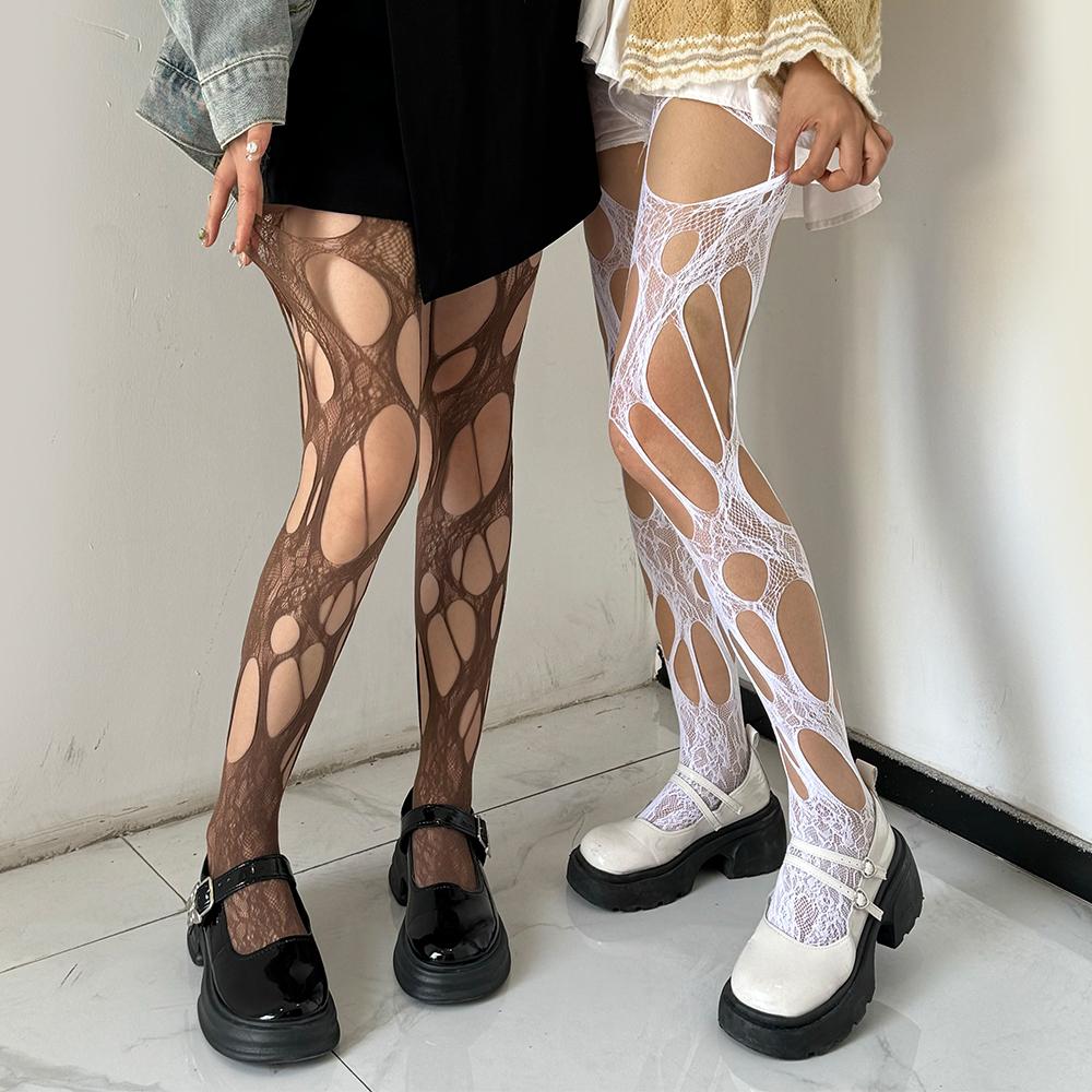 Sexy Punk Women Broken Hole Stocking Ropa Interor Para Mujeres Fishing Net Socks Gothic Y2k Lace Torn Party Underwear Pantyhose