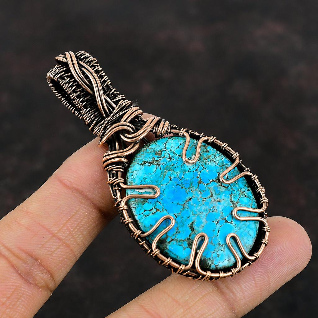 Tibetan Turquoise Copper Pendant Wire Wrapped Gemstone Pendant Handmade Jewelry Unique Copper Design Jewelry Gift For Him Birthstone Jewelry