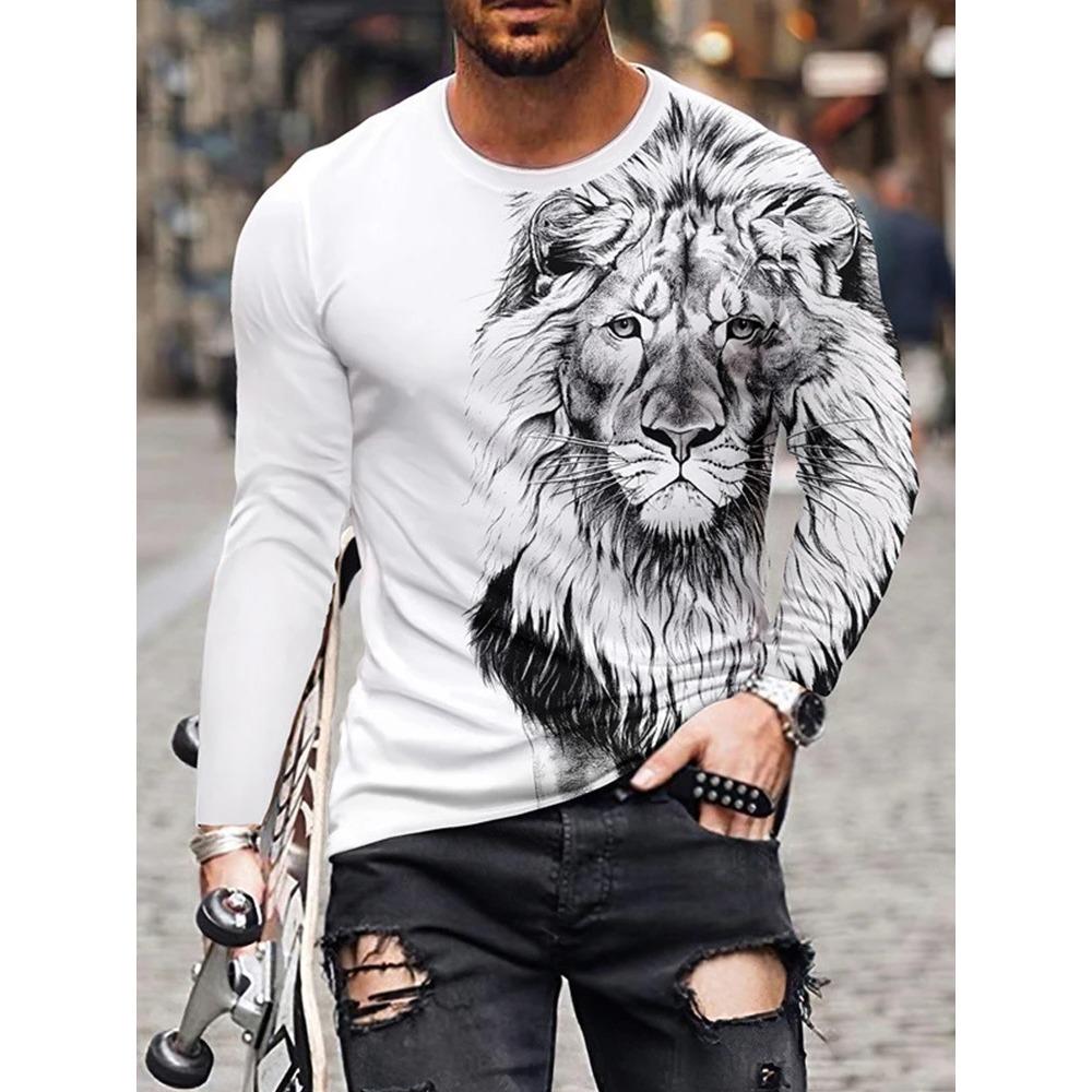 Spring and Autumn Round Neck 3D Animal Wolf Lion Pattern Printed Top Fashionable Casual Long Sleeved Men's T-shirts
