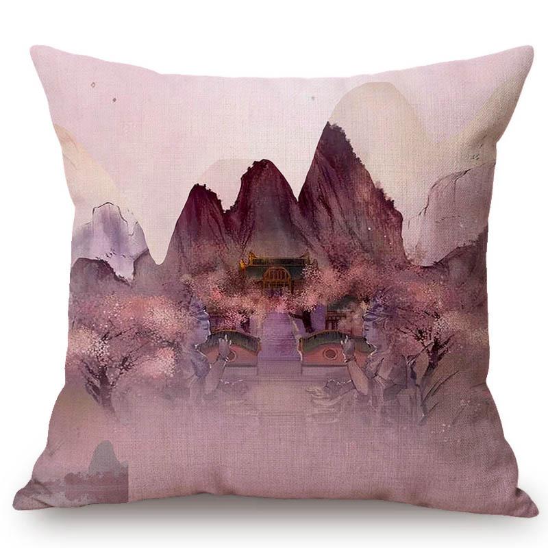Traditional Chinese Ink Oil Painting Mountain Scenery Cotton Linen Sofa Throw Pillow Case Home Decoration Car Cushion Cover Case