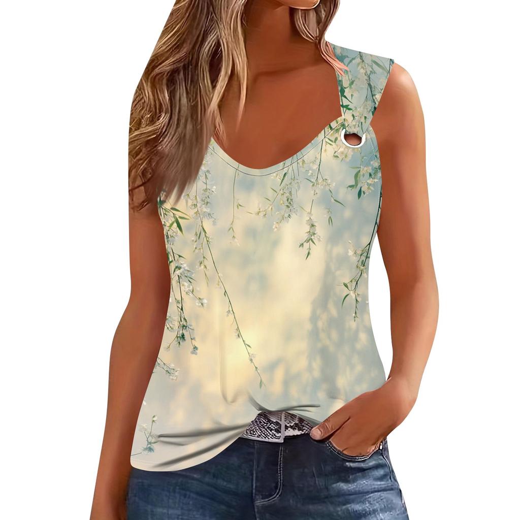 Womens Tank Top V Neck Basic Printed Casual Flowy Sleeveless Deep Side Cut Tops For Women