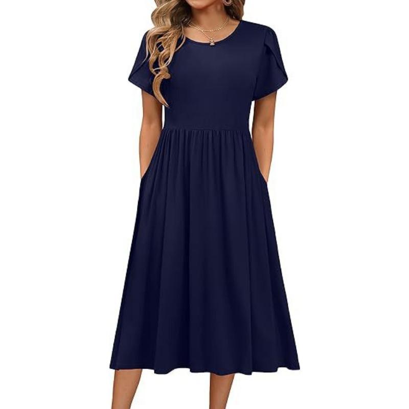 A Women's Round-neck Petal-sleeved, Short-sleeved Mid-length Printed Dress