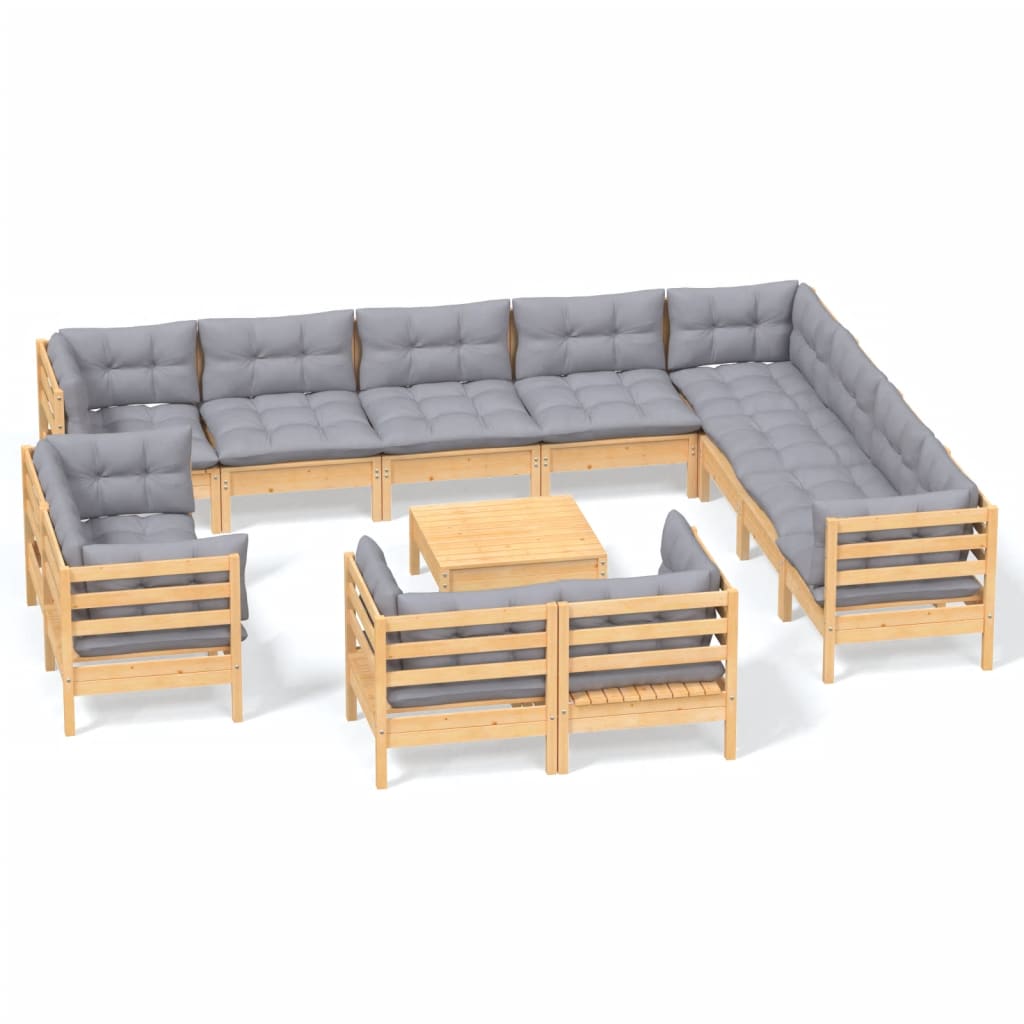 Vidaxl 13-Cz. Tuin Lounge Set, Grijze Kussens, Grenenhout