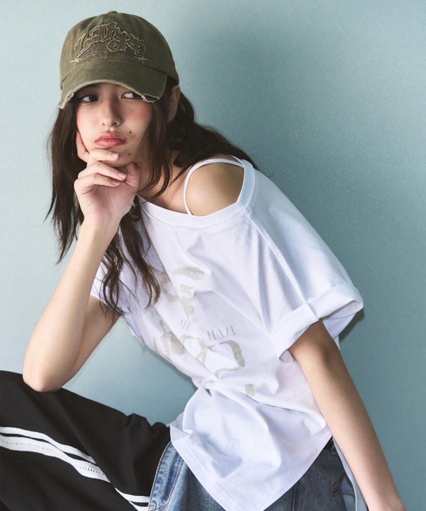 Ledeoli Vintage Slit One-Shoulder Short Sleeve T-Shirt [White]