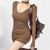 Petite V-neck Long-Sleeve Mini Dress - Autumn Collection, Pleated, Waist-Cinched, Slimming, Hip-Hugging Design
