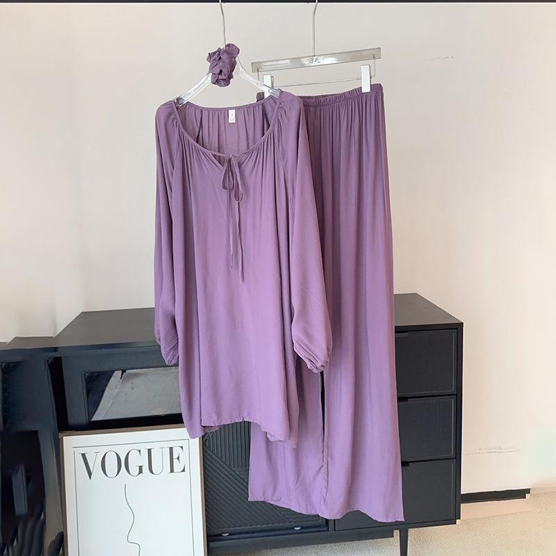 2025 Women's Lyocell-Cotton Pajama Set: Round Neck, Long Sleeve, Thin Pants, Simple Print