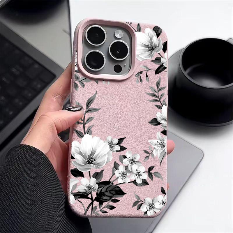 White Flowers Pattern  Luxury Leather Texture Silicone Case For IPhone 17 16 Pro Max 11 12 13 14 15 Pro Soft Phone Cover Fundas