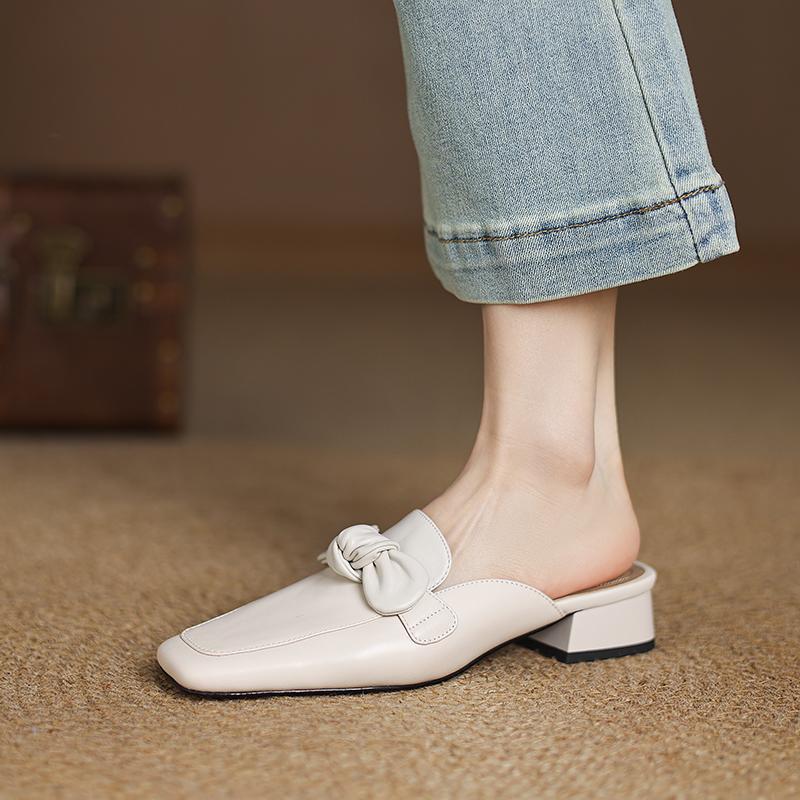 Fashion 2025 Women Shoes Genuine Leather Square Toe Women Sandals Solid Modern Sandals for Women Chunky Heel Bowknot Women's Mules Shoes